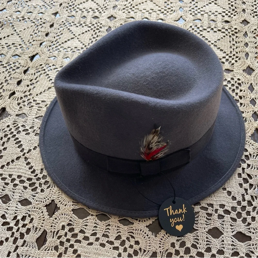 Vintage Botany 500 slate gray 100% wool fedora hat feather accent USA men’s XL - Picture 10 of 12